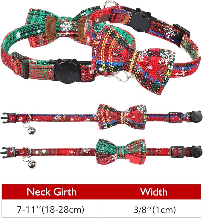 Joytale Upgraded Christmas Cat Collar with Bells, Breakaway Cat Collars with Bow Tie, 2 Pack Girl Boy Safety Plaid Kitten Collars, Christmas Red+Green