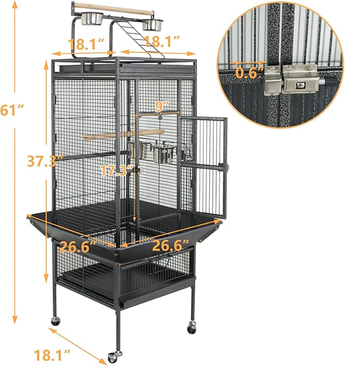 ZENY 61-inch Playtop Parrot Bird Cages, Wrought Iron Large Birdcage with Rolling Stand for Parakeet Cockatiels Quaker Conure Lovebird Finch Canary Small Medium Parrot Cage Birdcage (Black)