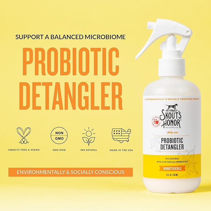 Skout's Honor Probiotic Pet Detangler Spray - Hydrating & Conditioning w/Avocado Oil, 97% Natural, Paraben & Sulfate-Free, softens for a More brushable Coat, Daily Use, 8oz, Honeysuckle