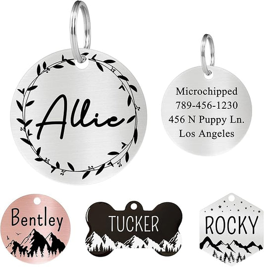 Ultra Joys Stainless Steel Pet ID Tag Dog Name Tags Personalized Front and Back Engraving, Customized Dog Tags and Cat Tag, Optional Engraved on Both Sides, Round Tag Vine Design 2, Silver Small