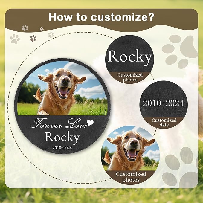 Ships Next Day Personalized Pet Memorial Stone for Loss of Dog Cat, Custom Photo Name Memory Headstone Garden Grave Marker Bereavement Sympathy Gift