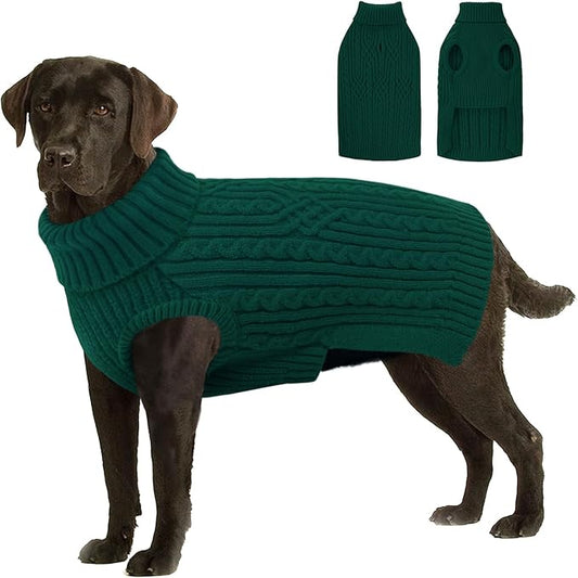 AOFITEE Large Dog Sweater, Turtleneck XXL Dog Sweater for Fall Winter, Stretchy Knitwear Christmas Dogs Sweaters, Knitted Pullover with Harness Hole for Pitbull, Golden Retriever, Labrador Green 2XL