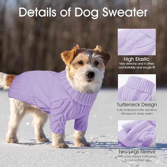 Dog Sweaters for Small Medium Large Dogs Girl, Classic Turtleneck Pet Sweater for Dogs, Thermal Doggy Winter Coat, Warm Dog Shirt Outfits, Double Knitting Collar for Outdoor Playing (Light Purple, M)