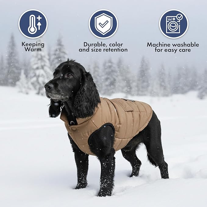Spark Paws Dog Winter Jacket, Water-Resistant Coat, Warm Reflective Windproof Fleece-Interior, for Medium and Large Dogs - Tan - S