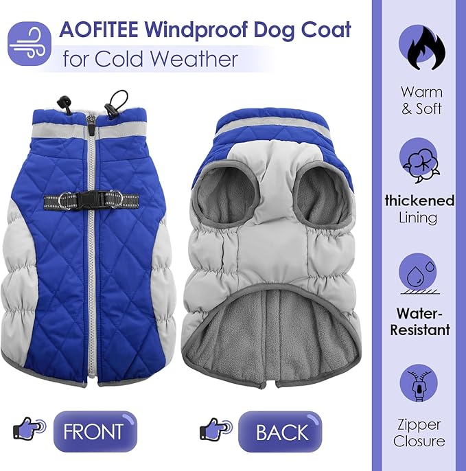 AOFITEE Dog Coat, Warm Dog Jackets for Large Dogs, Reflective Turtleneck Dogs Winter Coat with Harness Built in, Waterproof Windproof Pet Snow Jacket Fleece Vest for Cold Weather, Blue XXL