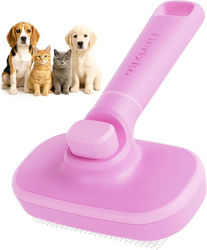 Hertzko Self Cleaning Slicker Brush for Cats & Dogs – Grooming Tool for Shedding Long & Short Hair – Retractable Bristles – Easy-Clean Cat & Dog Deshedding Brush – Painless Detangling - Pink