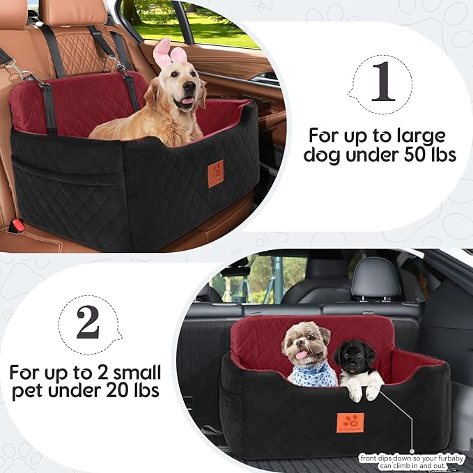 Dog Car Seat for Medium/Large Dogs, Dog Booster Seat for Pet Under 50lbs or 2 Small Dogs, Detachable and Washable Pet Car Bed, Multi-Functional Pet Booster Seat for Backseat(Black/Red)