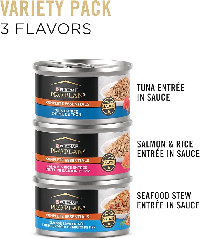 Purina Pro Plan High Protein Wet Cat Food Variety Pack, Complete Essentials Seafood Favorites - (2 Packs of 12) 3 oz. Cans