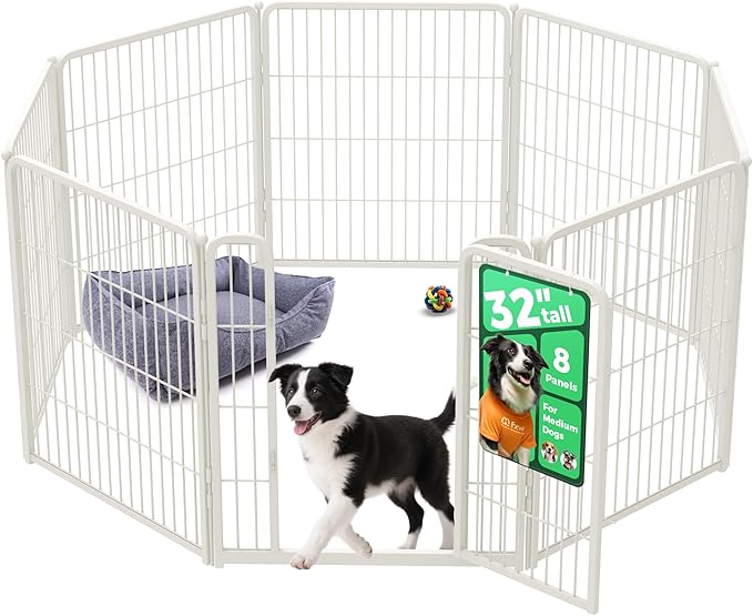 FXW Homeplus Unleashed Indoor Dog Playpen - Stress-Free and Safe Play, Heavy Duty 32 Inch 8 Panels Dog Pen for Small and Medium Dogs, White│Patented