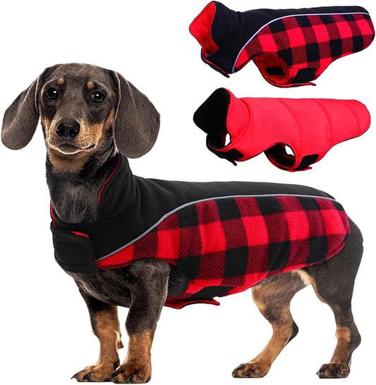Kuoser Dog Winter Coat, Reversible Waterproof Dog Jacket with Reflective Strip, Warm Dogs Fleece Vest Adjustable Doggy Cold Weather Clothes Plaid Christmas Outfit Pet Apparel for Small Dogs, Red S