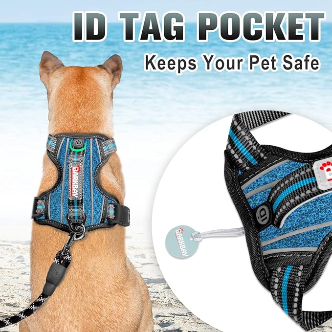 BARKBAY No Pull Dog Harness Large Reflective Dog Harness with Front Clip and Easy Control Handle for Walking Training Running with ID tag Pocket(Blue/Black,S)