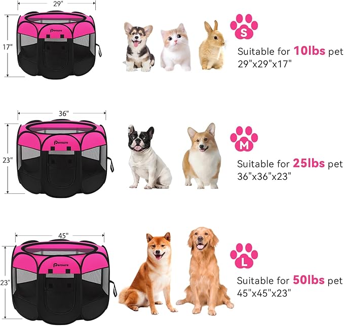 Dog Cat Playpen Indoor Outdoor for Puppy Pet Dogs Cat Travel, Dog Enclosure Tent Crates Cage for Recovery After Surgery, Portable Pop Up Dogs Kennel with Carrying Case (Rosy, Large)