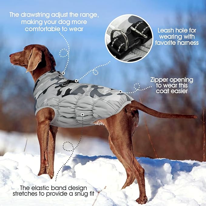 FUAMEY Dog Coat for Small Dogs,Waterproof Dog Winter Jacket with Harness Built in Puppy Cold Weather Coats Reflective Pet Vest with Zipper Warm Fleece Dogs Snowsuit Windproof Grey Camo S