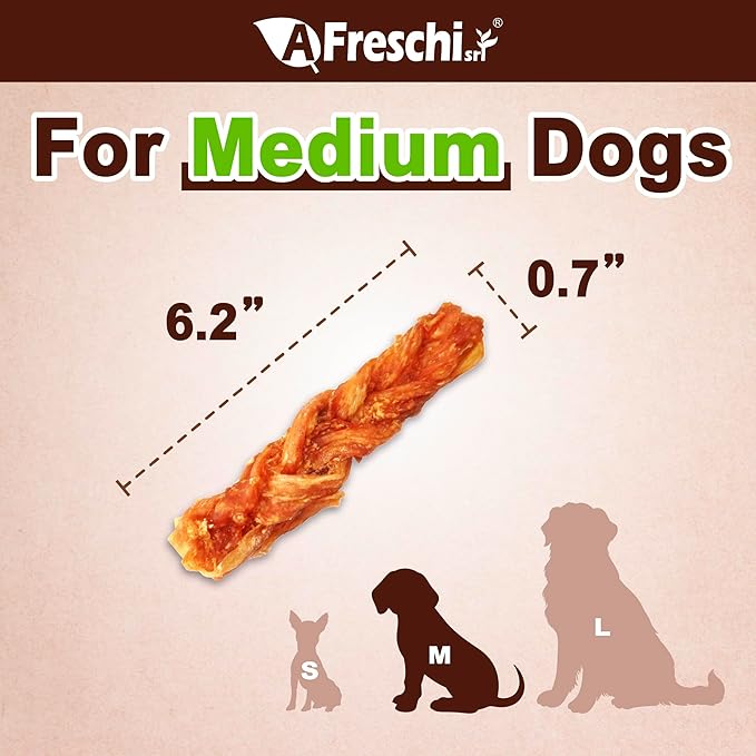 AFreschi Turkey Tendons for Dogs, USA-Sourced, Healthy Dog Treats, Rawhide-Free Puppy Chews, Long Lasting, All Natural, Hypoallergenic Dog Treats for Medium Breeds, 8 oz Pack Braid (M)