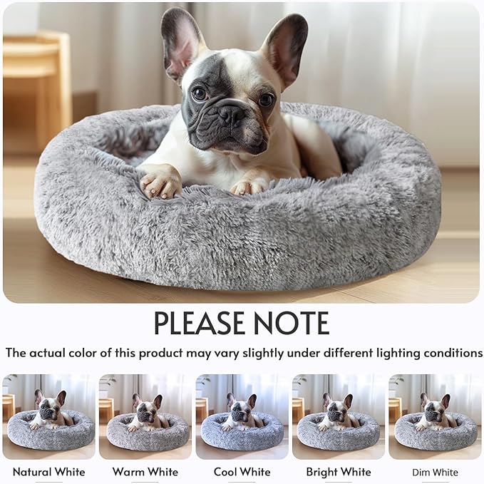 JOLLYVOGUE Medium Calming Dog Bed, Anti-Anxiety Donut Cuddler Cat Bed with Anti-Slip Bottom, Fluffy Faux Fur Machine Washable Pet Cushion for Medium Large Dog & Cat, 31"/Smoke Gray
