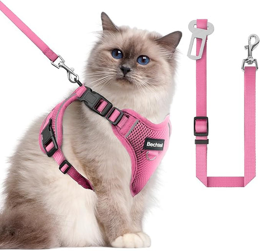 Cat Harness and Leash for Walking, The Upgrade Can be Adjusted in Four Directions and Breathable Cat Harness for Anti Escape That can be Fitted and Positioned, Reflective Strips Harness, Pink,M