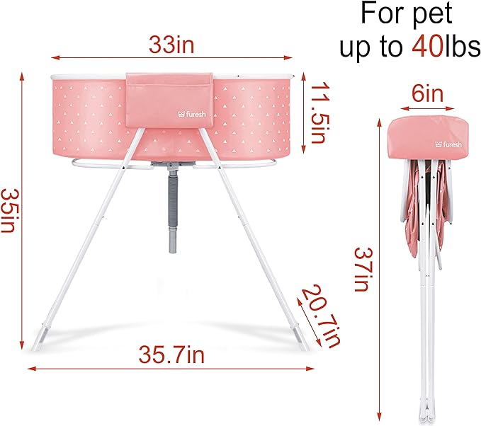Furesh Little Dipper Dog Bath Tub and Wash Station for Bathing Shower and Grooming, Elevated Foldable and Portable, Indoor and Outdoor, for Small and Medium Size Dogs, Cats and Other Pet (Pink)