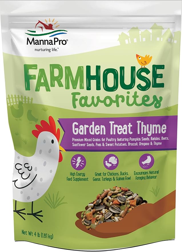 Manna Pro Farmhouse Favorites – Garden Treat Thyme – Premium Grains for Poultry – Made with Oregano & Thyme – Real Veggie Poultry Feed Supplement – 4lb Bag