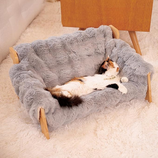 CHEERHOME PETS Elevated Cat Couch Bed for Indoor, Wooden Cats Sofa with Washable Fluffy Cover Raised Kitty Lounge Chair Suitable for Puppy(Cat Sofa,Dark Grey-Blue)