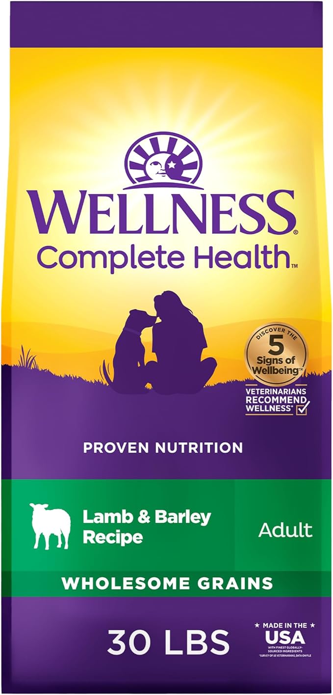 Wellness Complete Health Dry Dog Food with Grains, Made in USA with Real Meat & Natural Ingredients, All Breeds, Adult Dogs (Lamb & Barley, 30-lb) – With Nutrients for Immune, Skin, & Coat Support,