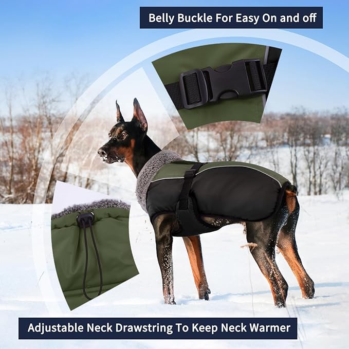 IECOii Extra Warm Dog Coat Reflective Adjustable Jacket Winter with Buckle Fleece Turtleneck for Cold Weather Soft Small Medium Dogs, Army Green, XXX-Large