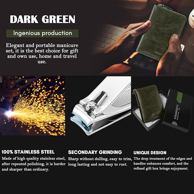 FAMILIFE Manicure Set, Professional Manicure Kit Nail Clippers Set 11 in 1 Stainless Steel Nail Pedicure Tools Kit Grooming Tool with Portable Green Leather Travel Case Luxury Gifts for Women and Men