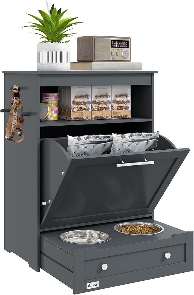 PawHut Dog Feeding Station, Dog Food Storage Pet Feeder Cabinet Container with Raised Bowls and Hanger for Feeding & Watering Supplies, Gray