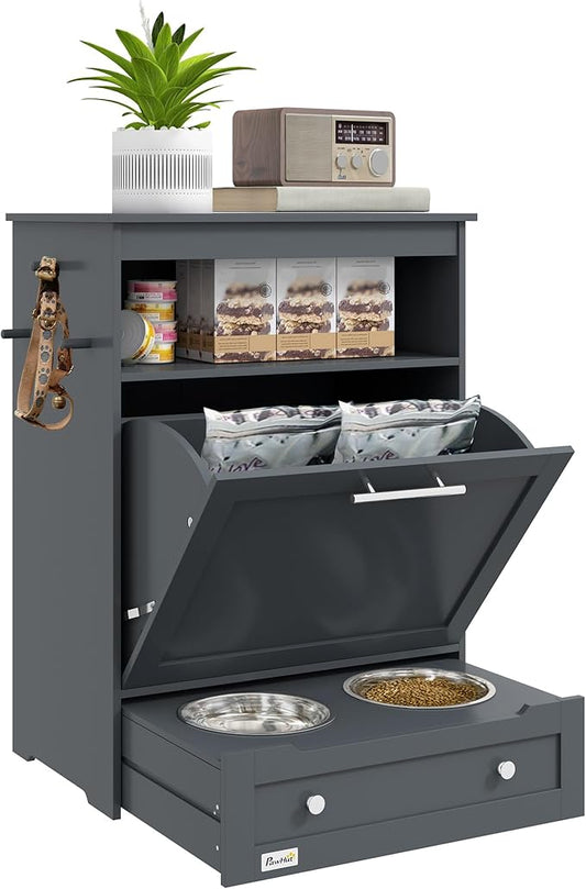 PawHut Dog Feeding Station, Dog Food Storage Pet Feeder Cabinet Container with Raised Bowls and Hanger for Feeding & Watering Supplies, Gray