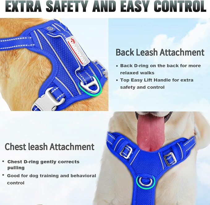BARKBAY No Pull Dog Harness Large Reflective Dog Harness with Front Clip and Easy Control Handle for Walking Training Running with ID tag Pocket(Sapphire Blue,XL)