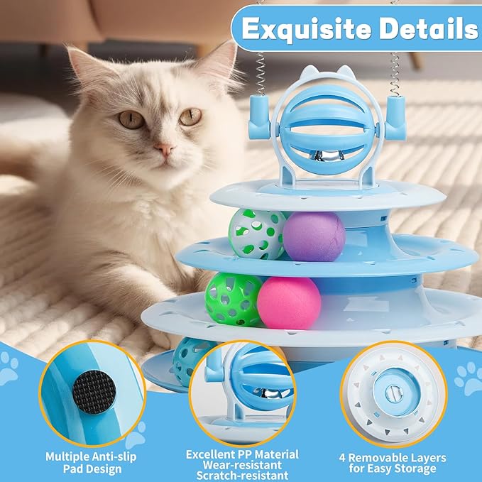 Cat Toy Interactive Pet Plaything for Indoor Kitten Interactive Kitty Puzzle Ball with 2 Cat-Tease (Blue)