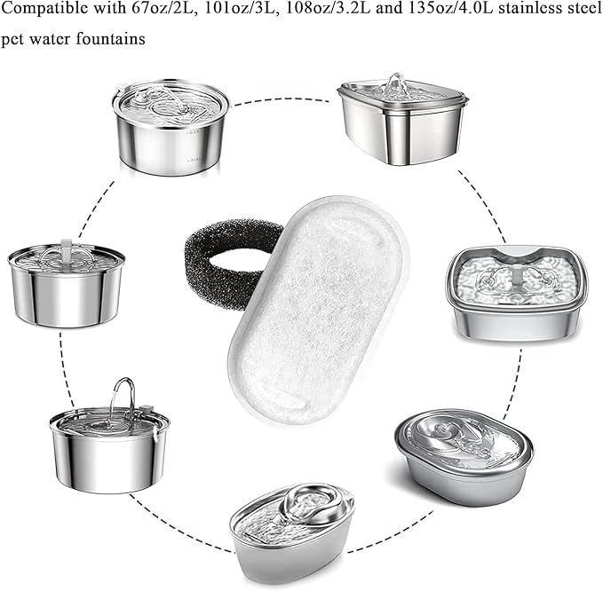 TuTuYa 20PCS Cat Water Fountain Filter, 10 Pack Cat Fountain Filter Replacement with 10 Sponges, for 108oz/3.2L & 67oz/2L Stainless Steel Pet Water Dispenser