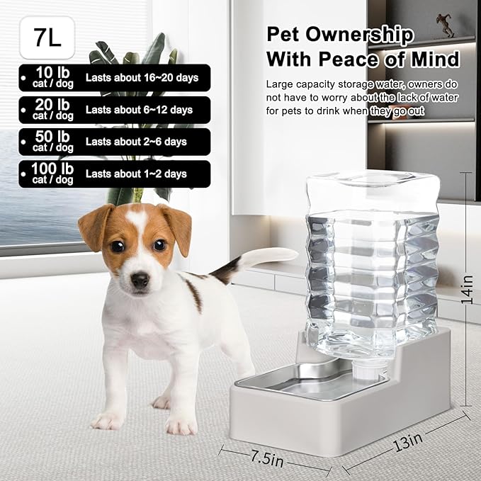 RIZZARI Stainless Steel Pet Water Feeder: 7L Automatic Leak-Proof Gravity Dispenser for Cats Dogs Indoor Outdoor Use（Beige Without Filter,7L）