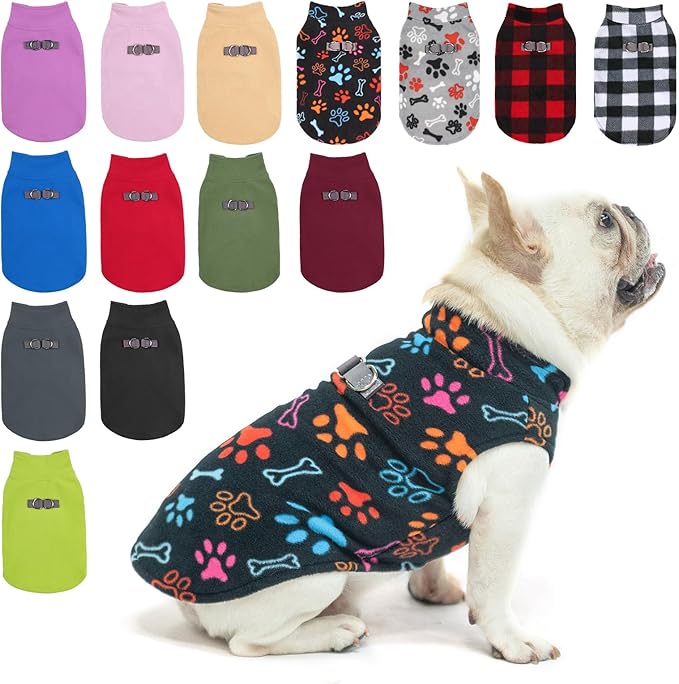 BEAUTYZOO Small Dog Sweater Fleece Vest Winter Jacket, D-Ring Leash Attachment for XS S Puppy Medium Sized Breeds Dogs, Cold Weather Dog Clothes Windproof Keep Warm, Bones Paw Pattern S