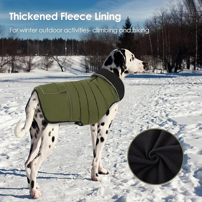 Dog Coat, Large Dog Jacket, Windproof Dogs Puffer Jacket, Fleece Lined Warm Dogs Winter Coat with Harness Hole (Army Green XL)