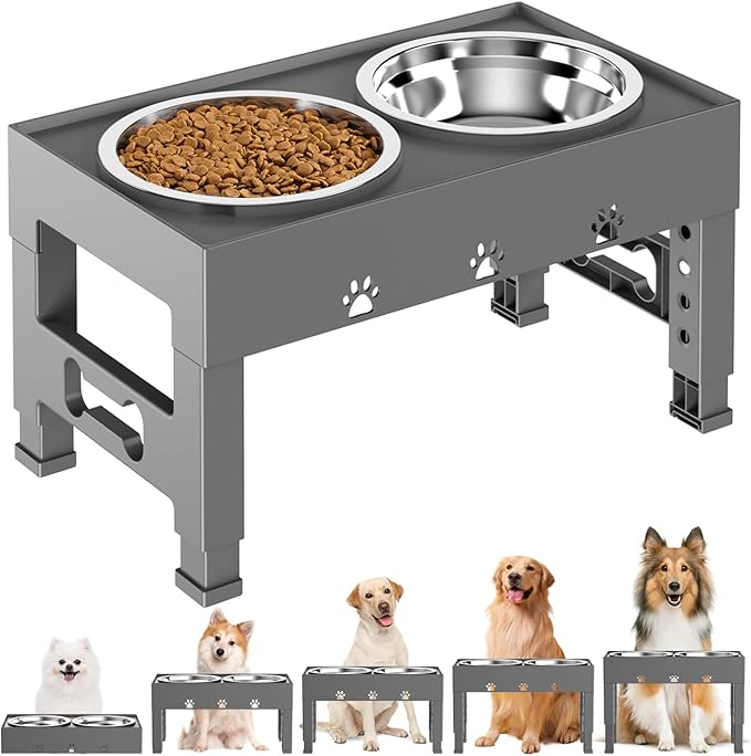 Elevated Dog Bowls with 2 Stainless Steel Bowls, Raised Dog Food Bowl Stand 5 Height Adjustable (3.1", 9", 10", 11", 12") Non-Slip Feeder Set for Medium and Large Dogs - Gray