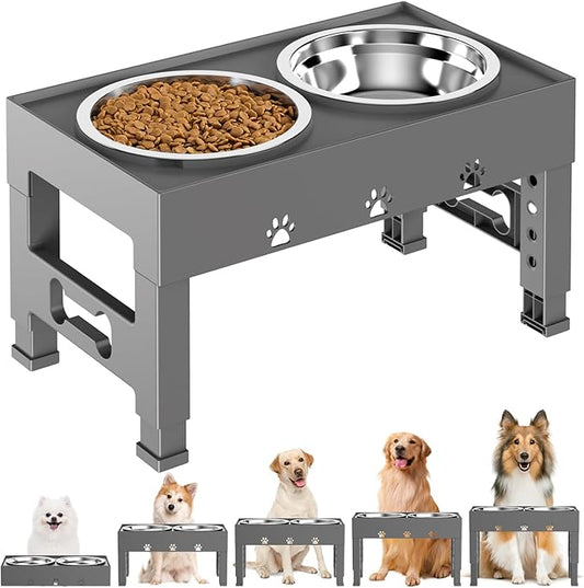 Elevated Dog Bowls with 2 Stainless Steel Bowls, Raised Dog Food Bowl Stand 5 Height Adjustable (3.1", 9", 10", 11", 12") Non-Slip Feeder Set for Medium and Large Dogs - Gray