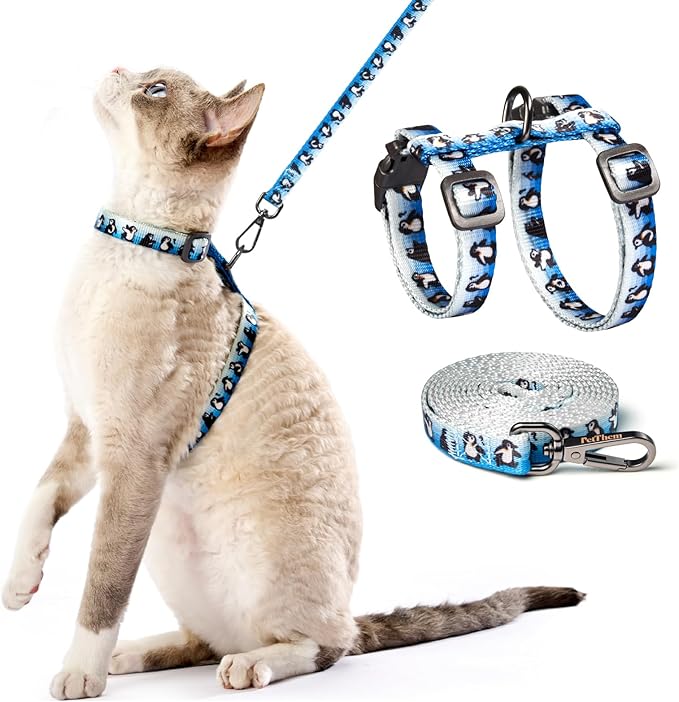 Cat Harness and Leash Set - Escape Proof Adjustable Cat Harness, Comfortable Soft Lightweight, Use Safe & Easy, Walking Travel Kitten Harness for Small Medium Large Cats (Blue Glacier Penguin)