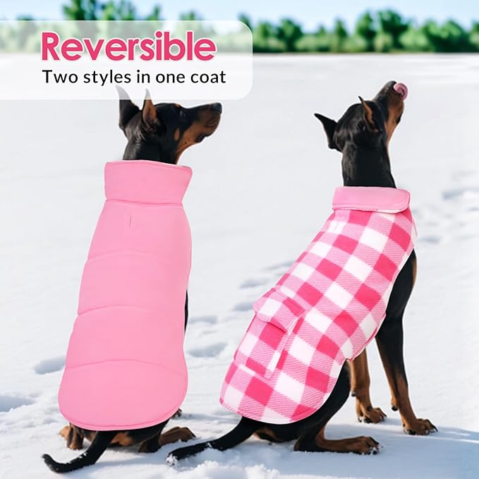 ASENKU Dog Winter Coat, Fleece Doggie Jacket Plaid Reversible Vest Waterproof Windproof Cold Weather Clothes for Small Medium Large Dogs (XS, Pink)