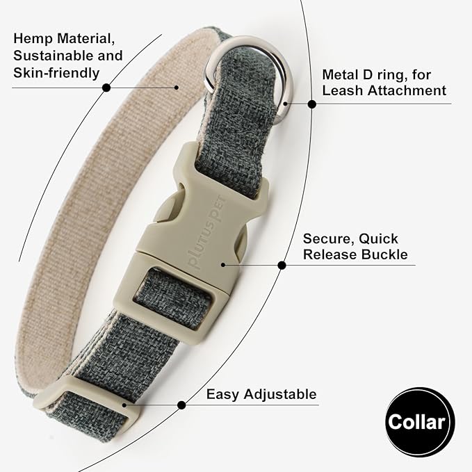 Plutus Pet Cotton Hemp Dog Collar and Leash Set, Adjustable Collar for Small, Medium, and Large Dogs, Heavy Duty and Soft on Skin, Gray, L