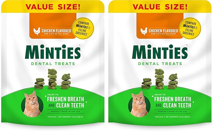 Minties Dental Treats for Cats, Chicken Flavored Treats for Cats, Freshens Breath and Controls Tartar, 10oz (Pack of 2)