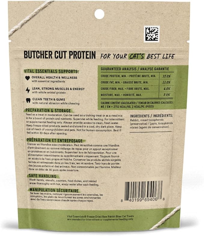 Vital Essentials Rabbit Bites Cat Treats, 0.9 oz | Freeze-Dried Raw | Single Protein | Grain Free, Gluten Free, Filler Free