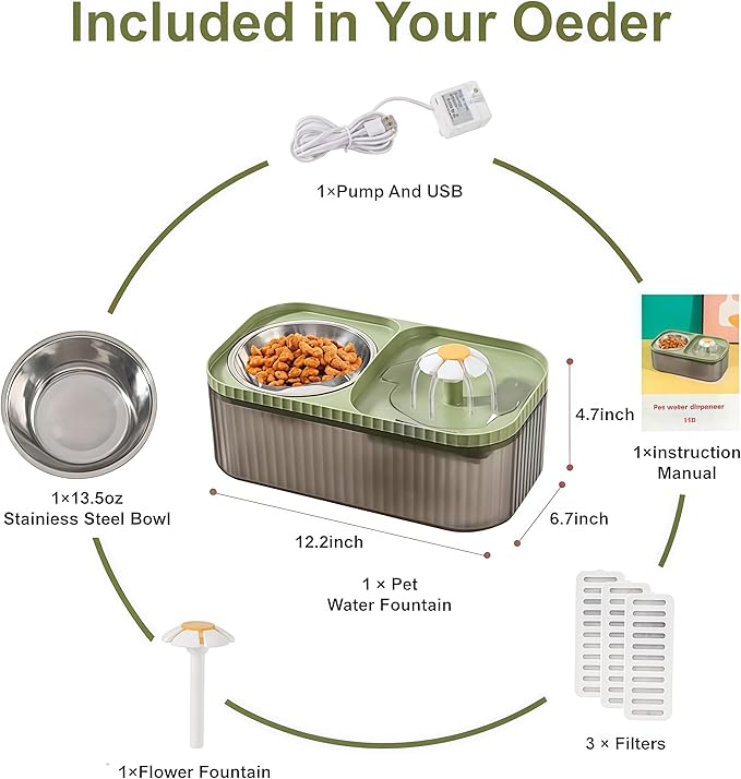 Marchul Cat Water Fountain and Stainless Steel Food Bowl, 100oz/3L Super Quiet Automatic Pet Water Dispenser with Smart Pump and 3 Replacement Filters for Cats and Small Dogs, Green