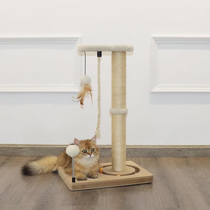 PAWSFANS Cat Scratching Post,Sisal Scratch Posts with Track Ball Feather Toy for Indoor Cats and Kittens,25" Tall Beige