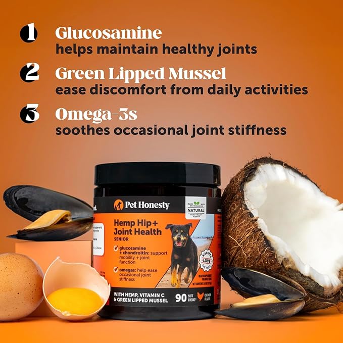 Senior Hemp Hip & Joint Supplement for Dogs - Dog Joint Supplement with Hemp Oil & Powder, Glucosamine, Collagen, MSM & Green Lipped Mussel - Mobility for Senior Dogs (Chicken 90)