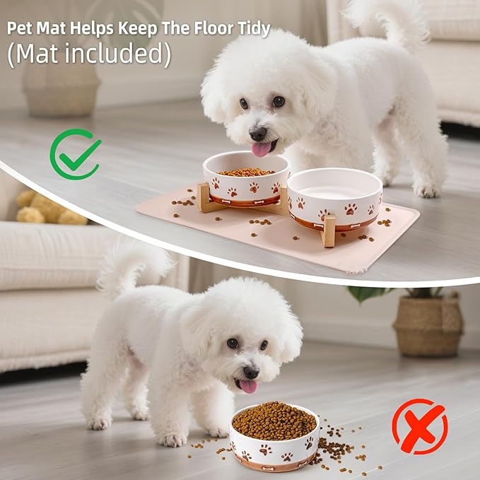 Dog Bowls with Wood Stand, 1.7 Cups Ceramic Puppy Bowls with Mat for Small Dog Weighted Water and Food Bowl Set for Dogs Cats, Non-Slip Pet Feeding Dish 13.5 Oz