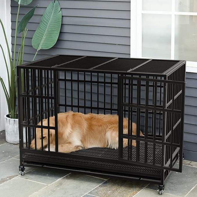 LEMBERI 48/38 inch Heavy Duty Indestructible Dog Crate, Escape Proof Dog Cage Kennel with Lockable Wheels,High Anxiety Double Door Dog Crate,Extra Large Crate Indoor for Large Dog with Removable Tray