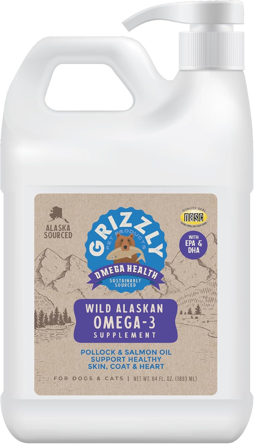Grizzly Pet Products Omega Health Liquid Omega-3 Supplement for Dogs and Cats, 64 Ounce Jug