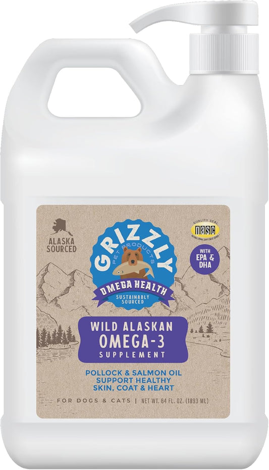 Grizzly Pet Products Omega Health Liquid Omega-3 Supplement for Dogs and Cats, 64 Ounce Jug