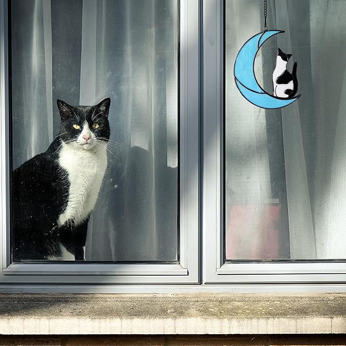 Black and White Tuxedo Cat Memorial Gifts - Handmade Stained Glass Suncatcher Window Hanging, Cat Loss Sympathy Gift for Owners