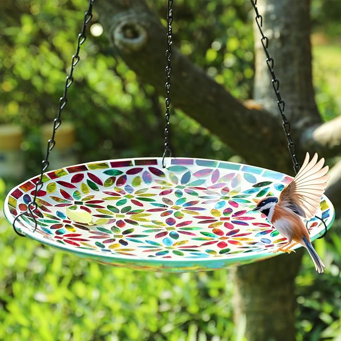 MUMTOP Mosaic Hanging Bird Bath-Bird Baths for Outdoors - 12 Inch Glass Birdbath Bird Water Bowl Bird Feeders for Outside, Garden, Lawn Yard Decor（Colorful Flower）